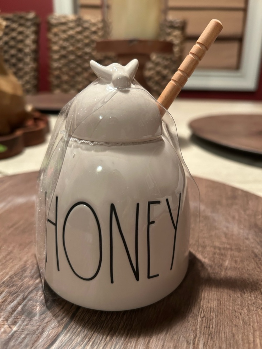 Rae Dunn White Lidded Honey Jar with Wood Honeycomb Dipper, NWT